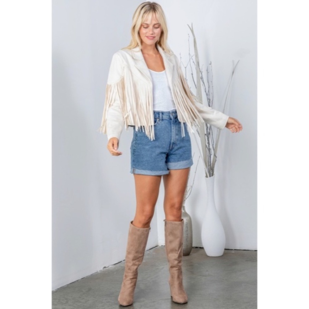 SOLD OUT Ivory Faux Leather Suede Fringe Cropped Western Boho Moto Jacket - Picture 8 of 9